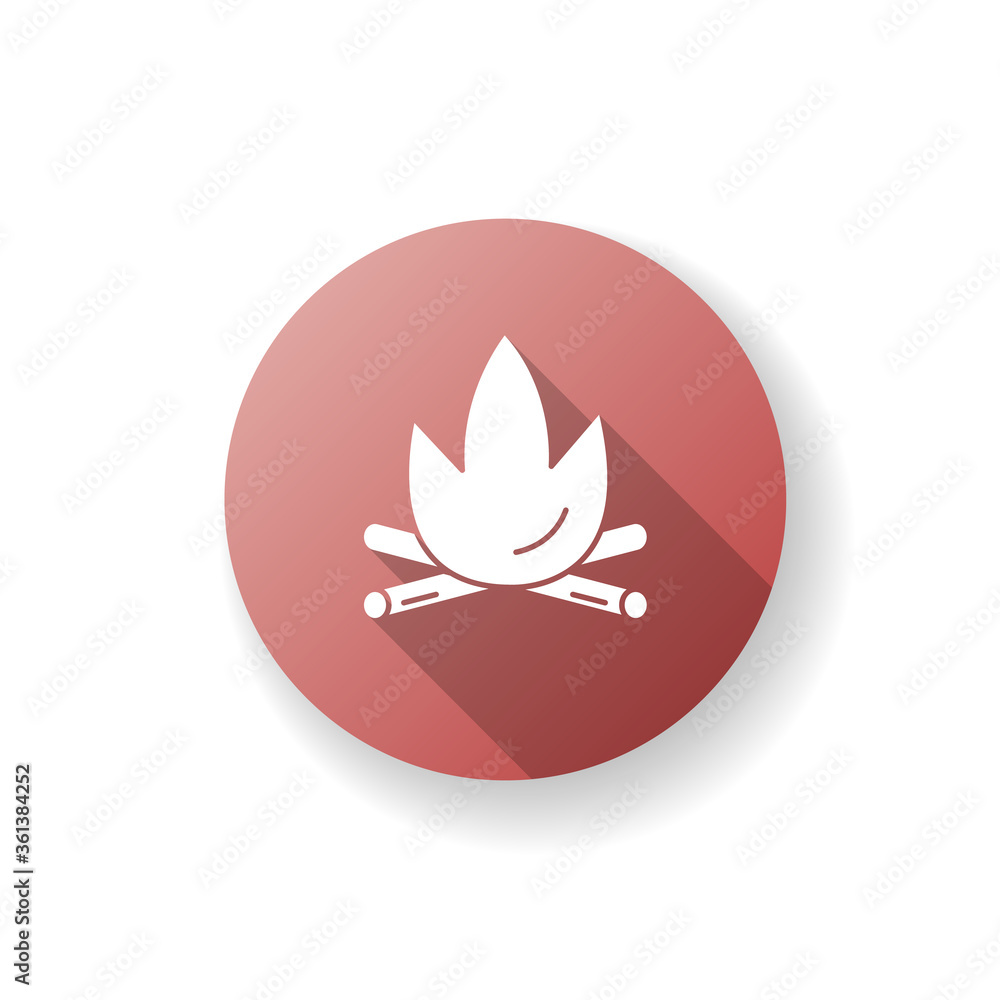 Fireplace red flat design long shadow glyph icon. Burning flame for campsite. Campfire for hiking in forest. Hot light of firewood. Burning heat. Fiery sticks. Silhouette RGB color illustration Fireplace red flat design long shadow glyph icon. Burning flame for campsite. Campfire for hiking in forest. Hot light of firewood. Burning heat. Fiery sticks. Silhouette RGB color illustration