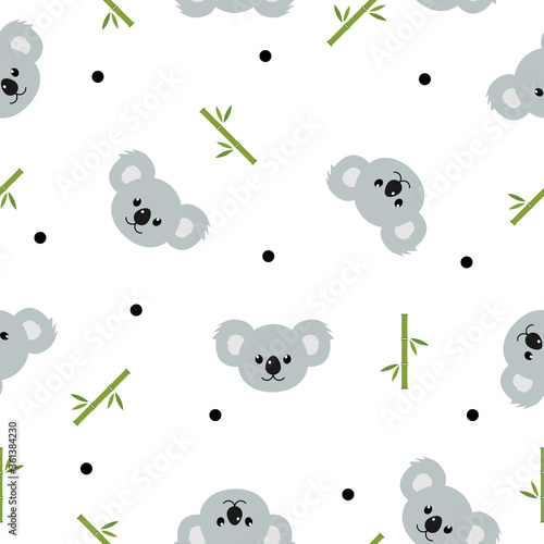 Seamless pattern cute koalas and bamboo leaves background. Cartoon wild animal design vector illustration isolated on white background