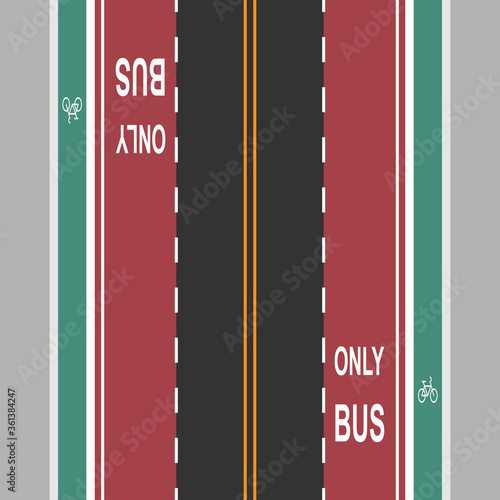 City road with bus and bike lanes top view vector illustration.