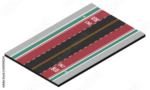 Isometric city road with bus and bike lanes vector illustration.