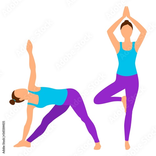 Set yoga pose. Yoga asana, practicing yoga stretching exercises. Shapes of woman doing yoga fitness workout. 