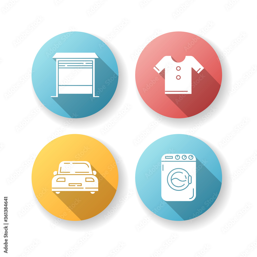 Household flat design long shadow glyph icons set. Open garage gate for parking lot. Clean tee shirt. Washing machine to do laundry. Laundromat to tidy clothes. Silhouette RGB color illustration Household flat design long shadow glyph icons set. Open garage gate for parking lot. Clean tee shirt. Washing machine to do laundry. Laundromat to tidy clothes. Silhouette RGB color illustration