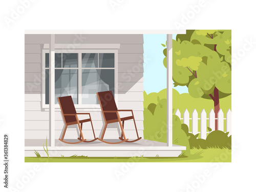 Empty armchairs on villa patio semi flat vector illustration. Rural lifestyle, summer recreation in village. Porch with 2 chairs during daytime 2D cartoon characters for commercial use
