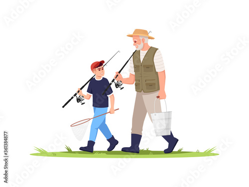 Family going fishing semi flat RGB color vector illustration. Rural lifestyle. Summer activity in village. Grandson with grandfather with fishing rods isolated cartoon characters on white background