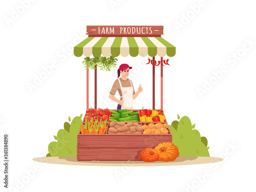 Female farmer sell products semi flat RGB color vector illustration. Local production of fresh vegetables. Agriculture business owner isolated cartoon character on white background