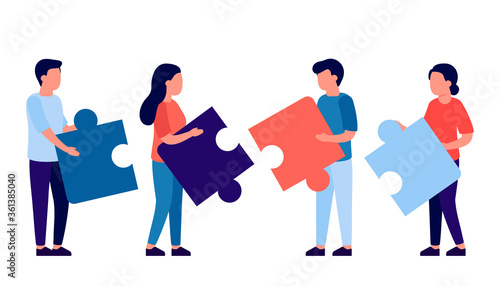 People assembling jigsaw puzzle. Coworking and business partnership man and woman concept. Team metaphor. Symbol of teamwork, cooperation, partnership, team building. Vector