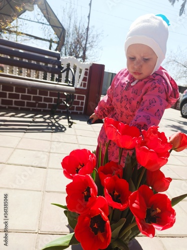 little girl near poppy flowers in pot on yard