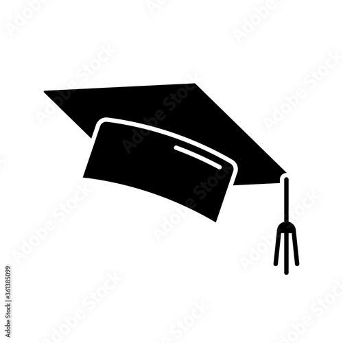 Graduation cap black glyph icon. College mortarboard. University graduate. Student hat. Knowledge and wisdom. Academic education. Silhouette symbol on white space. Vector isolated illustration