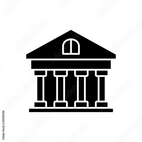 Bank black glyph icon. Classic building with pillars. Government building. University structure. inancial service, bank account. Silhouette symbol on white space. Vector isolated illustration photo