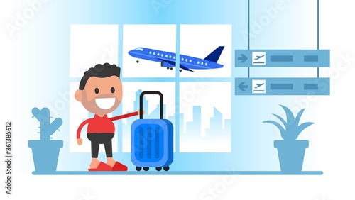 Illustration of a traveling man at the airport terminal with suitcase.
