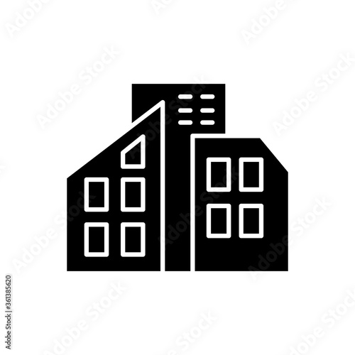 Smart city black glyph icon. Urban office center. City skyscrapers. Condo building. Tall houses. Town infrastructure. Modern townhouse. Silhouette symbol on white space. Vector isolated illustration