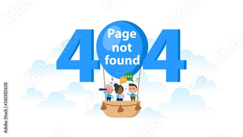 Error 404 Page not found. People in hot air balloon basket.