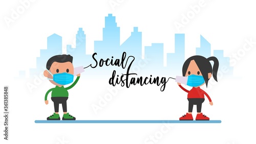 Young couple use string telephone. Social distancing. Protection coronavirus epidemic or covid-19.
