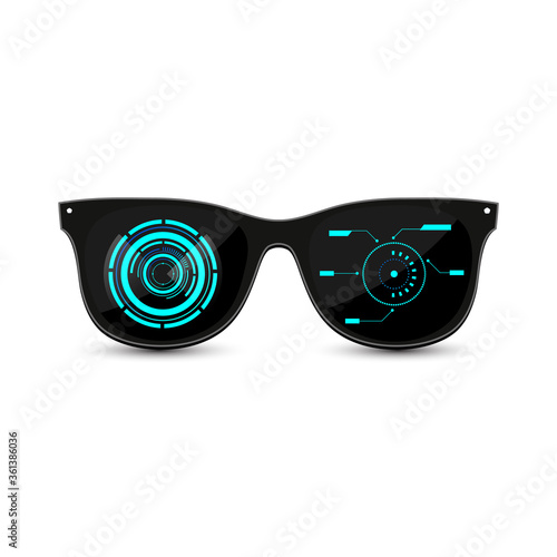 Black futuristic hipster sunglasses with dark glass and HUD interface on white background.