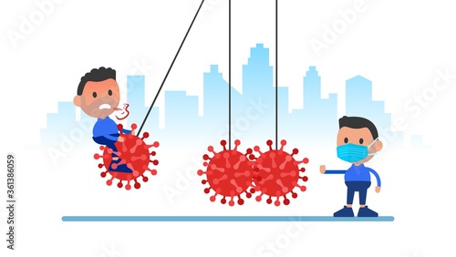 Coronavirus spread vector illustration concept. Balancing Balls Newtons Cradle.
