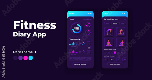 Training diary cartoon smartphone interface vector templates set. Mobile app screen page night mode design. Fitness program results and settings UI for application. Phone display with flat character
