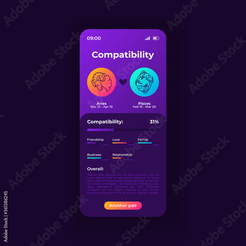 Zodiac signs compatibility app smartphone interface vector template. Mobile app page night mode design layout. Horoscope match screen. Flat UI for application. Aries and pisces signs on phone display