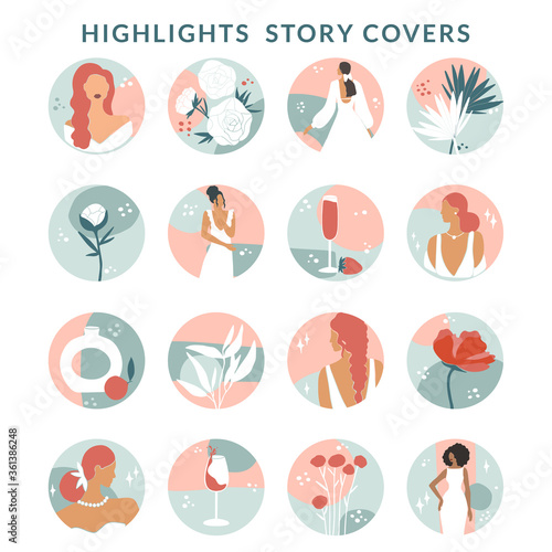 Collection of highlight story covers for social media. Set of pastel hand drawn backgrounds. Round elements and icons with woman, abstract shapes, floral details, texture for your blog or website.