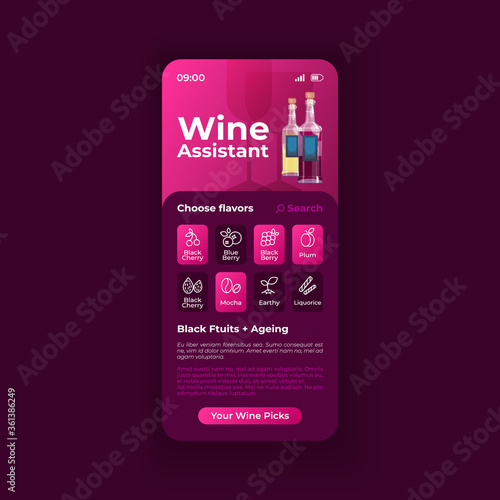 Wine choosing assistant smartphone interface vector template. Mobile app page black theme design layout. Flat UI for application. Alcohol taste virtual assistance screen. Phone display