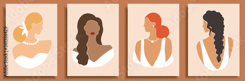 Set of abstract female shapes and silhouettes on textured background. Abstract women portraits in wedding dresses in pastel colors. Collection of contemporary art posters, social media backgrounds