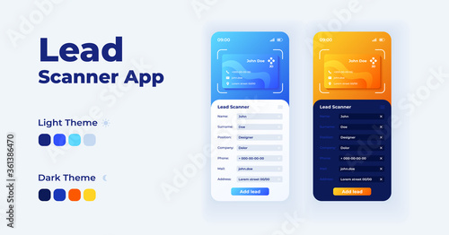 Lead scanner smartphone interface vector templates set. Client personal info. Mobile app page dark and light theme design layout. Flat UI for application. Customer contact information. Phone display