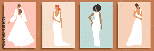 Set of abstract female shapes and silhouettes on textured background. Abstract women portraits in wedding dress in pastel colors. Collection of contemporary art posters, social media background, cards