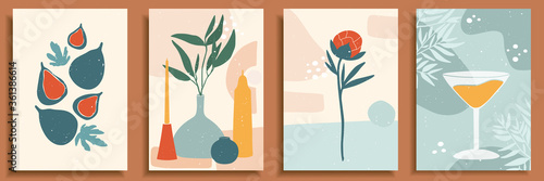 Abstract still life in pastel colors. Collection of contemporary art. Abstract paper cut elements, shapes for social media, posters. Hand drawn vase, candle, leaves, flowers, fruits, fig, glass, peony