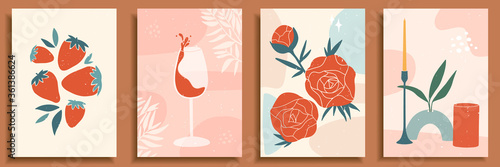 Collection of contemporary art posters in pastel colors. Abstract paper cut geometric elements, shapes and strokes, leaves, flowers and dots. Great design for social media, postcards, print.