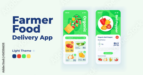 Farmers food delivery smartphone interface vector templates set. Organic produce online market. Mobile app page light theme design layouts. Flat UI for application screens. Phone displays