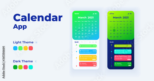 Calendar smartphone interface vector templates set. Mobile app page light and black theme design layouts. Flat UI for time management application. Events and tasks reminder screens. Phone displays