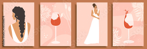 Set of abstract female shapes and silhouettes on textured background. Women portraits in wedding dresses in pastel colors. Wine in glasses. Collection of contemporary art poster, social media backdrop