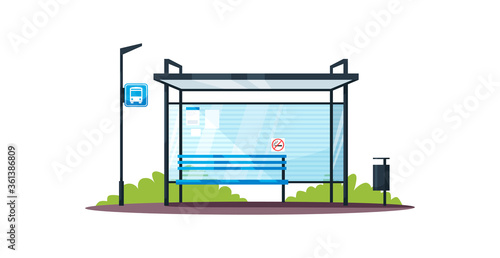 Empty bus stop semi flat RGB color vector illustration. Bus station shelter and sign. Urban public transport platform. No smoking area. Isolated cartoon object on white background