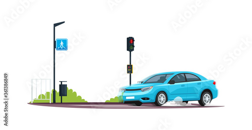 Car crossing pedestrian crosswalk semi flat RGB color vector illustration. Empty street, roadside. Vehicle speed safety. Red traffic light. Isolated cartoon object on white background