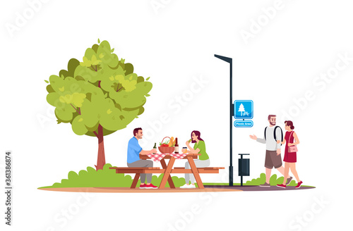 Couple sitting at a picnic table in park semi flat RGB color vector illustration. Man and woman walking in public recreation area. Leisure and outing. Isolated cartoon characters on white background