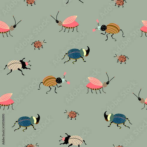 Colorful  beetles  on the grey background. Seamless pattern design for fabrics or wallpapers. Vector Illustration. © Evgeniia