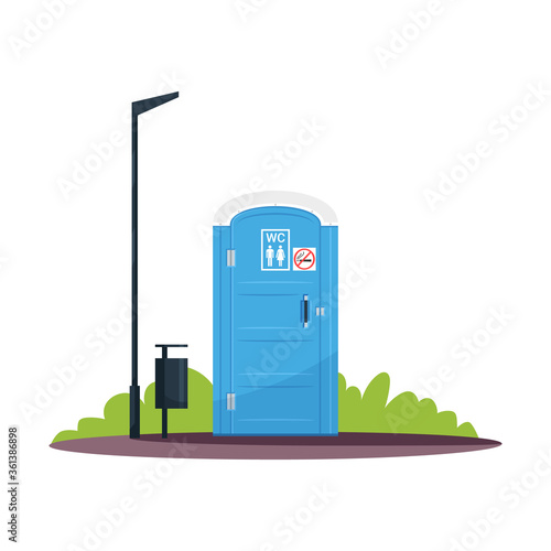 Public WC with no smoking sign semi flat RGB color vector illustration. Blue movable chemical toilet. Unisex. Public convenience facilities. Isolated cartoon object on white background