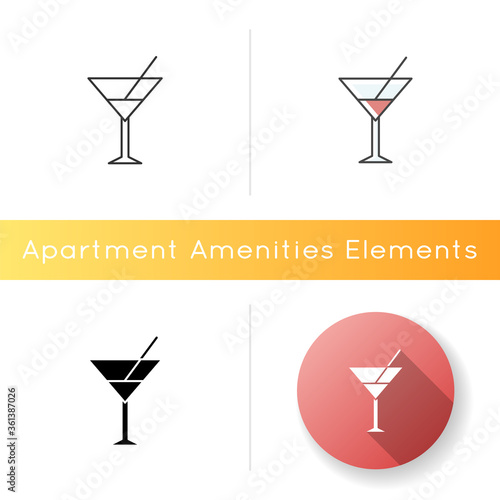Vermouth icon. Alcoholic drink in glass. Party at bar. Restaurant food. Liquor meny. Pub wine for relaxation. Soft drink in cup. Linear black and RGB color styles. Isolated vector illustrations