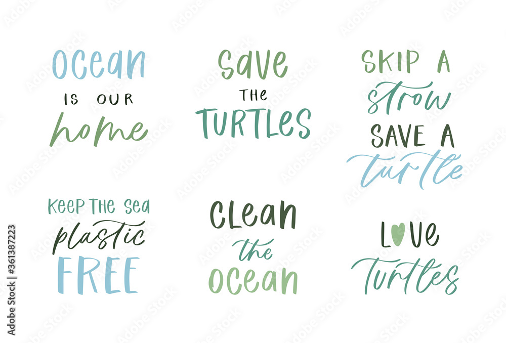 Collection of ecology quotes and slogans: zero waste, recycle, eco friendly tools, environment protection, love turtles, save planet. Bundle hand writing lettering vector illustration, poster, placard