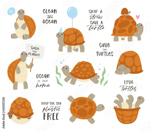 Cartoon set of turtles in various action poses with lettering quotes. Tortoises characters swimming, sleeping in tortoise-shell. Illustration isolated on white background. Save turtles concept