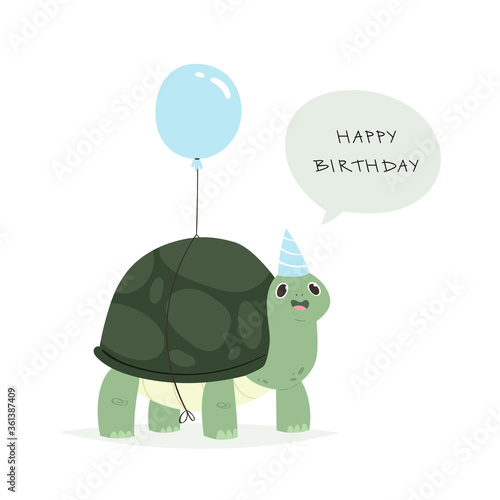 Cartoon cute turtle. Tortoise pretty character in birthday hat with balloon - happy birthday concept. Illustration isolated on white background. Postcard, print, placard design