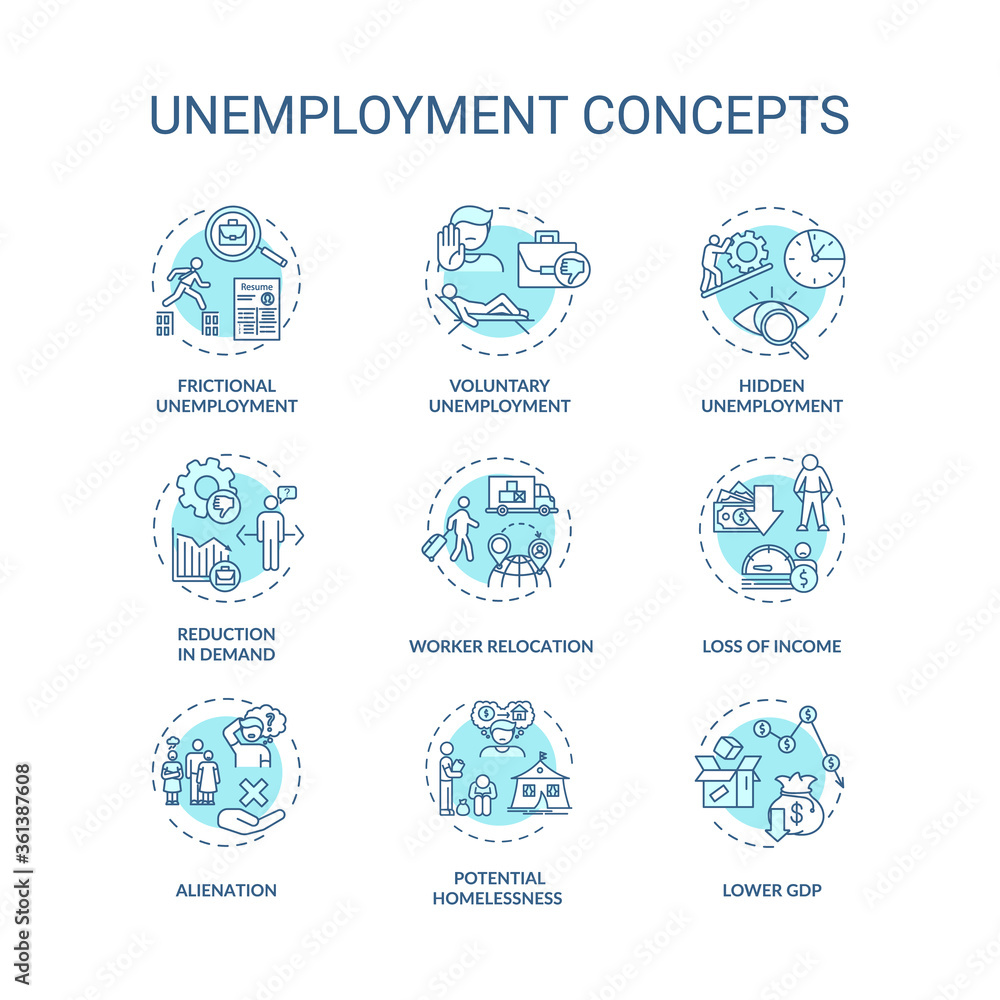 Unemployment type turquoise concept icons set. Lower gross domestic production. Economic issue idea thin line RGB color illustrations. Vector isolated outline drawings. Editable stroke