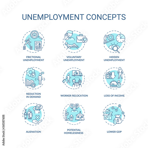 Unemployment type turquoise concept icons set. Lower gross domestic production. Economic issue idea thin line RGB color illustrations. Vector isolated outline drawings. Editable stroke