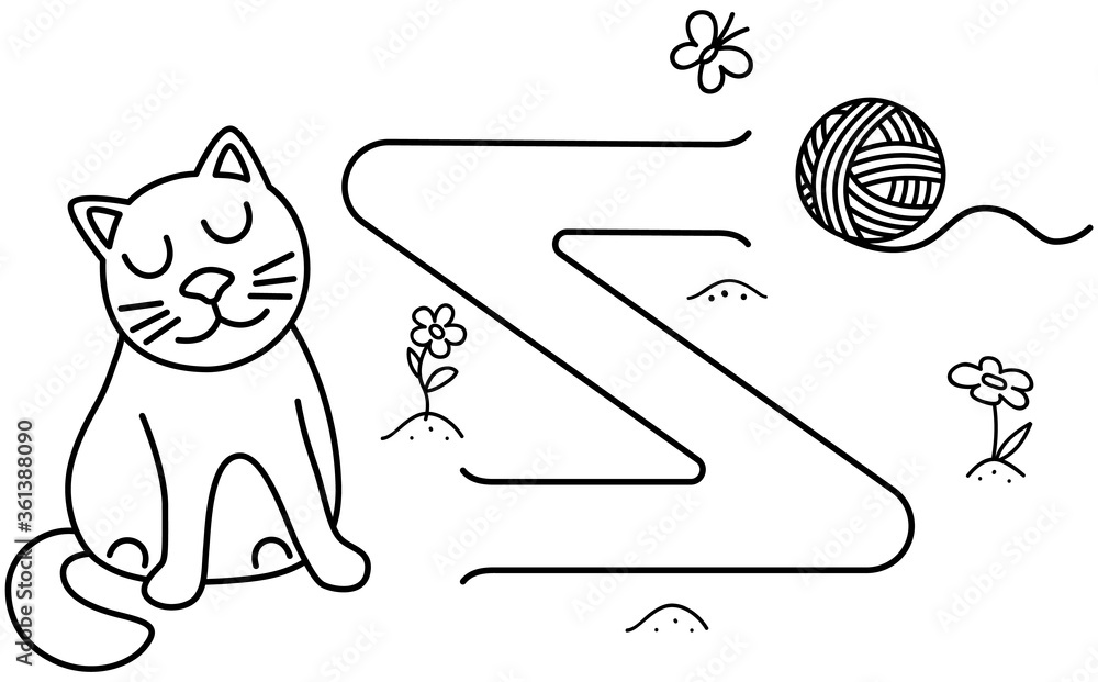 Black coloring pages with maze. Cartoon cat and ball. Kids education ...