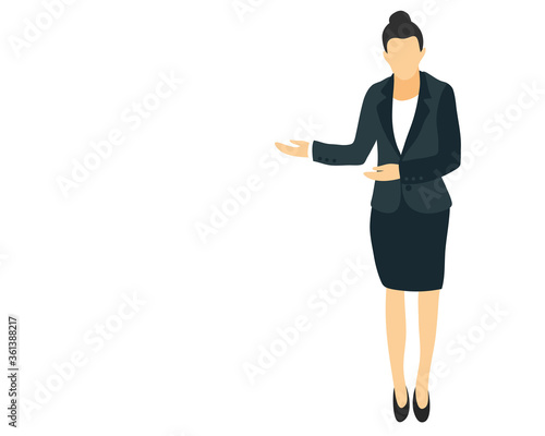 Businesswoman presenting, showing. young women dressed in elegant office clothes. Economy, finance, stylist, office worker.