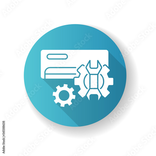 AC repair service blue flat design long shadow glyph icon. Air conditioning systems professional maintenance. Technical diagnostics and installation assistance. Silhouette RGB color illustration