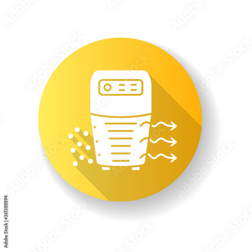 Air purifier yellow flat design long shadow glyph icon. Room ventilation, dust protection and humidity control. Household appliance for airflow purification. Silhouette RGB color illustration