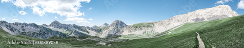 panoramic view of the Appennini Gran Sasso in meadow from Campo Imperatore in Italy landscape format