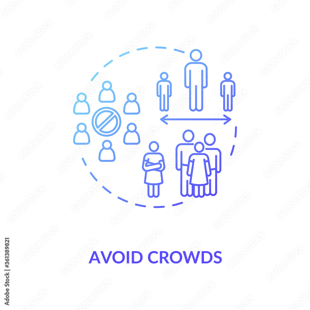 Avoid crowds concept icon. Workplace safety guidelines idea thin line illustration. Protect yourself in public place. Keep safe distance. Vector isolated outline RGB color drawing Avoid crowds concept icon. Workplace safety guidelines idea thin line illustration. Protect yourself in public place. Keep safe distance. Vector isolated outline RGB color drawing