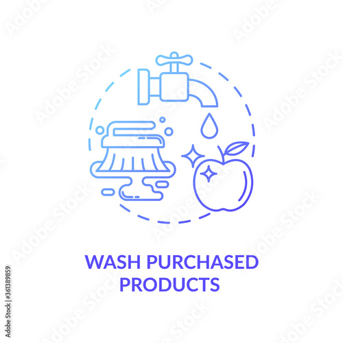 Wash purchased products concept icon. Workplace safety guidelines idea thin line illustration. Hygiene washing vegetables and fruits. Vector isolated outline RGB color drawing