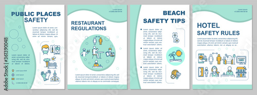Safety in public places brochure template. Restaurant safety rules. Flyer, booklet, leaflet print, cover design with linear icons. Vector layouts for magazines, annual reports, advertising posters
